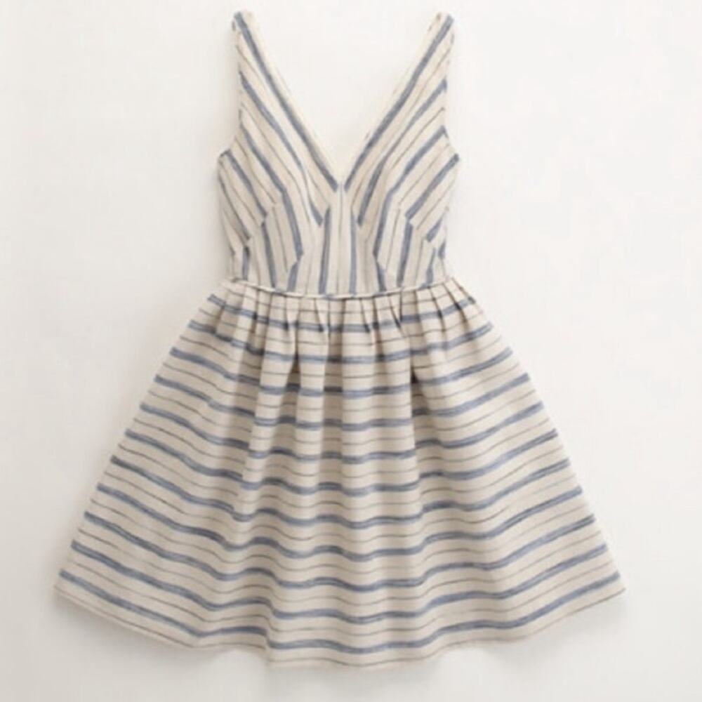 J. Crew V-Neck Linen Blend Indigo Stripe Dress Size 10